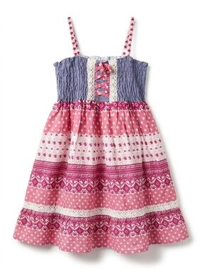 Girls Boho Tiered Cotton Sun Dress Pink Purple Polka Dot Smocked Size 5